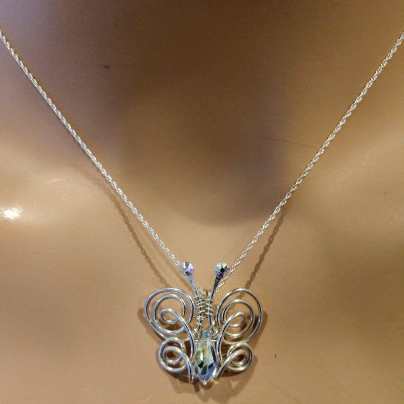Alexa Martha Designs Sterling Silver Sculpted Wire Wrapped Crystal Butterfly Necklace In Grey