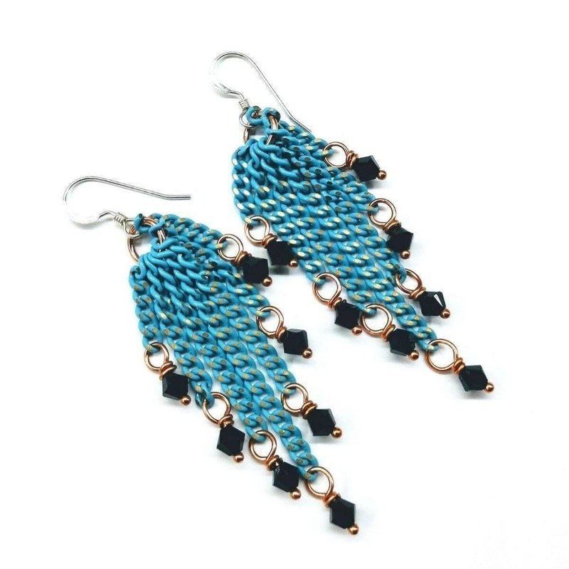 Alexa Martha Designs Turquoise Tassel Chain Black Crystal Earrings In Blue
