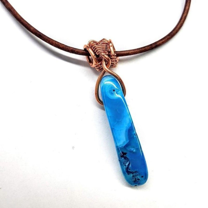 Alexa Martha Designs Wire Wrapped Pointed Turquoise Agate Leather Necklace For Him And Her In Blue