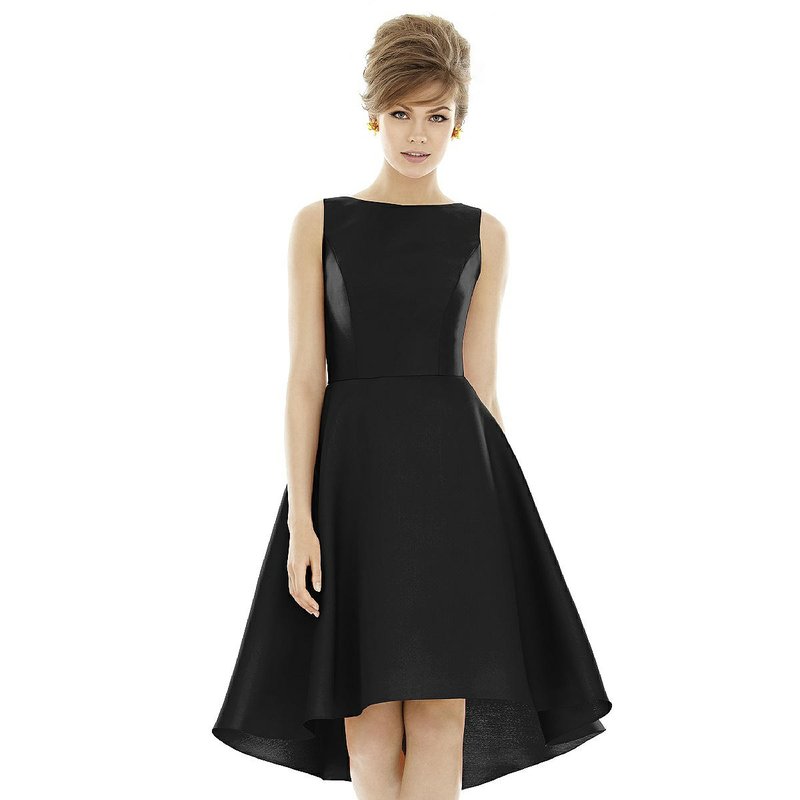 Shop Alfred Sung Bateau Neck Satin High Low Cocktail Dress In Black