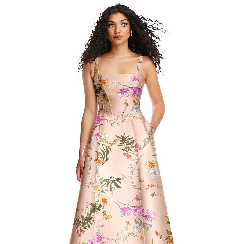 Shop Alfred Sung Boned Corset Closed-back Floral Satin Gown With Full Skirt In Pink