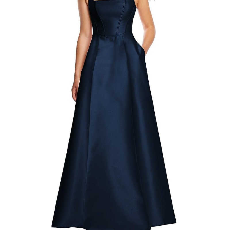 Shop Alfred Sung Boned Corset Closed-back Satin Gown With Full Skirt And Pockets In Blue