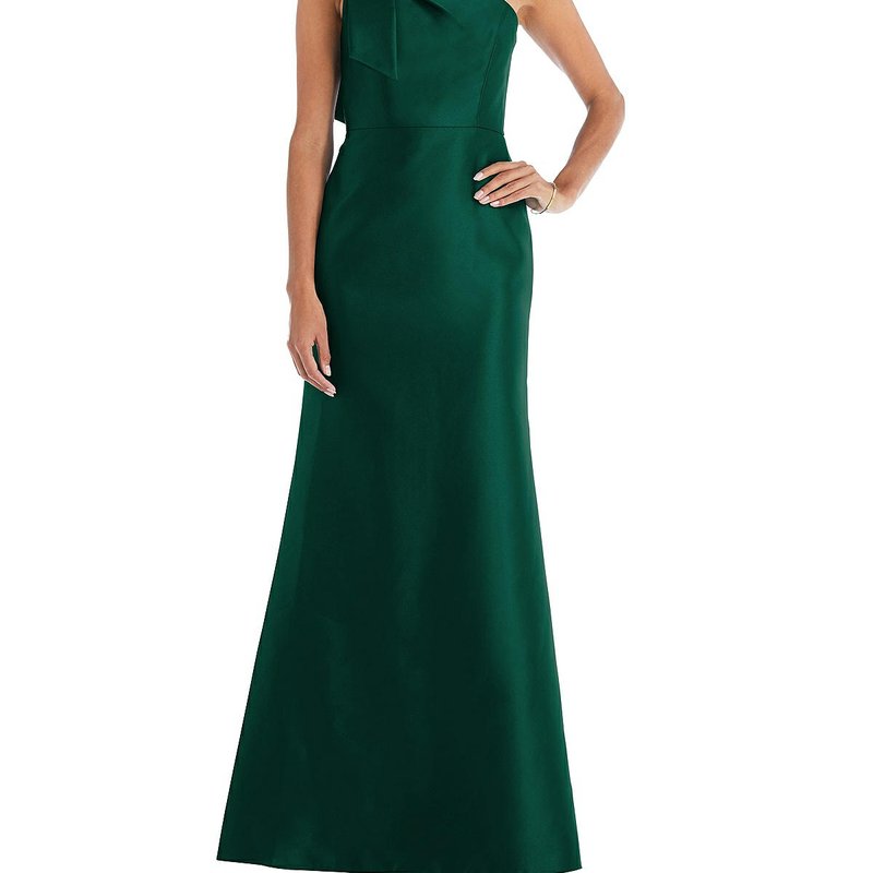 Shop Alfred Sung Bow One-shoulder Satin Trumpet Gown In Green