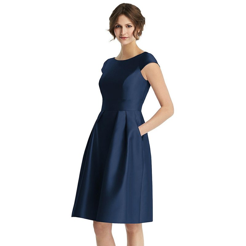 Shop Alfred Sung Cap Sleeve Pleated Cocktail Dress With Pockets In Blue