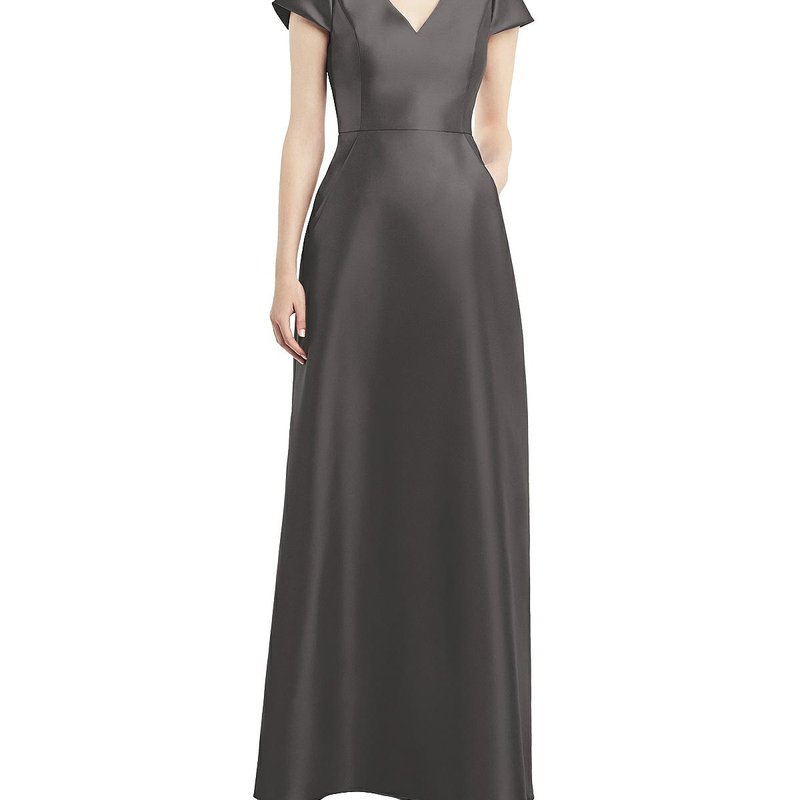 ALFRED SUNG ALFRED SUNG CAP SLEEVE V-NECK SATIN GOWN WITH POCKETS