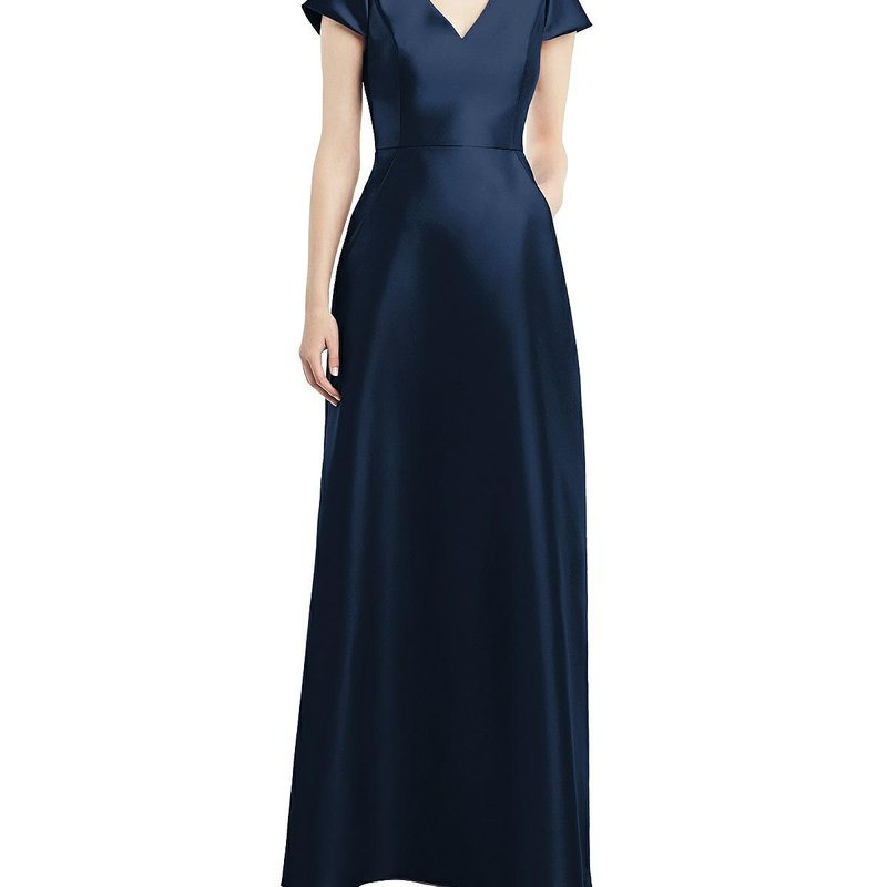 Alfred Sung Cap Sleeve V-neck Satin Gown With Pockets In Blue