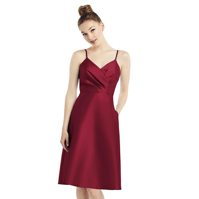 Alfred Sung Draped Faux Wrap Cocktail Dress With Pockets In Burgundy
