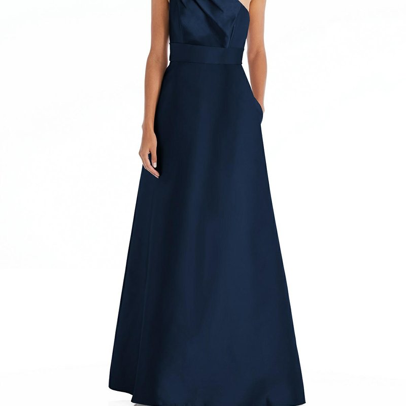 Alfred Sung Draped One-shoulder Satin Maxi Dress With Pockets In Midnight Navy