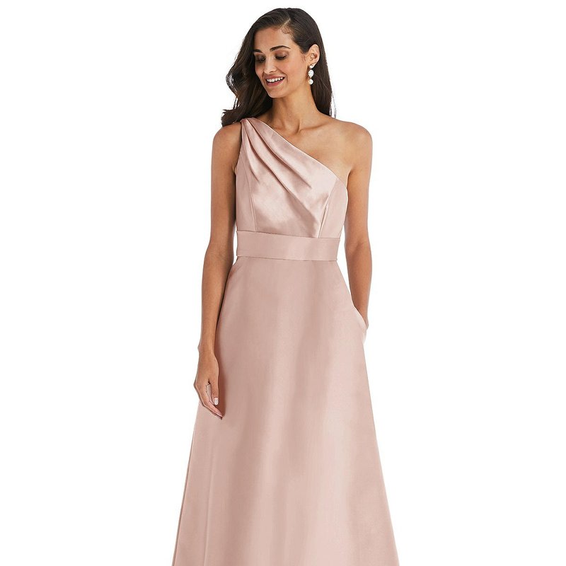 Shop Alfred Sung Draped One-shoulder Satin Maxi Dress With Pockets In Pink