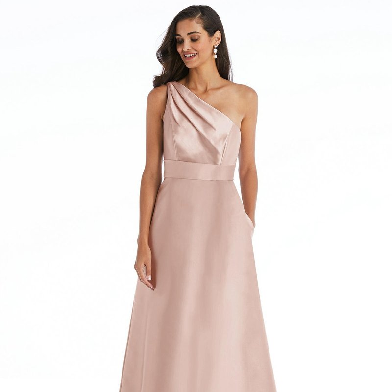 Alfred Sung Draped One-shoulder Satin Maxi Dress With Pockets In Toasted Sugar