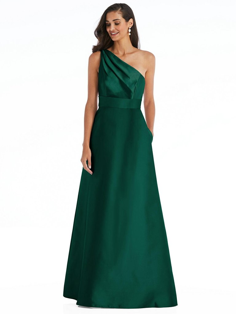Alfred Sung Hunter Green Draped One-Shoulder Satin Maxi Dress with ...