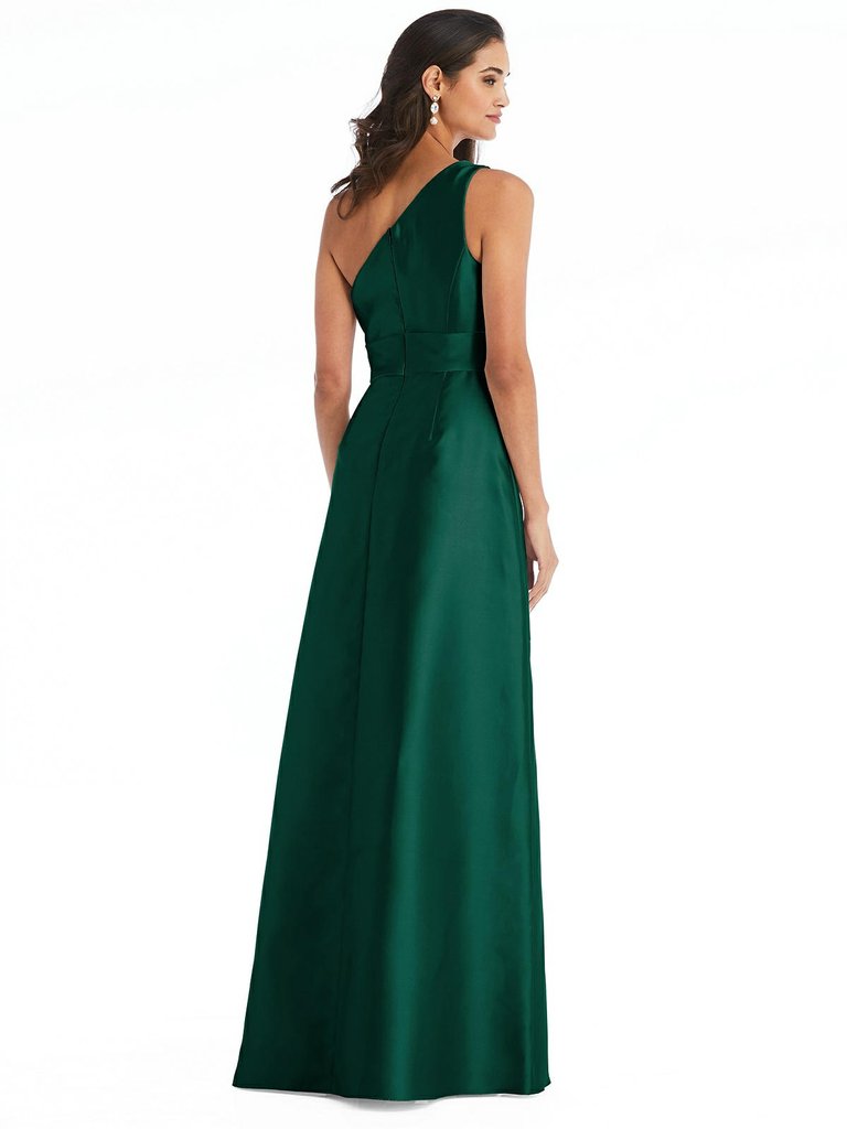 Alfred Sung Hunter Green Draped One-Shoulder Satin Maxi Dress with ...
