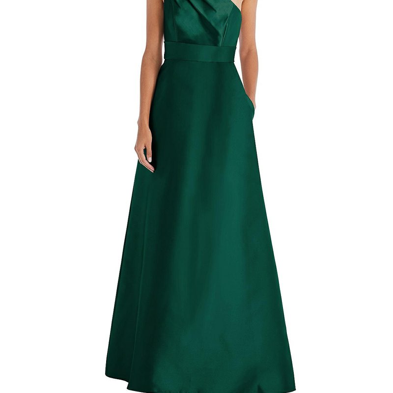 Alfred Sung Draped One-shoulder Satin Maxi Dress With Pockets In Green