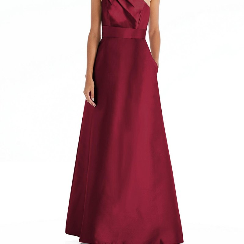 Alfred Sung Draped One-shoulder Satin Maxi Dress With Pockets In Burgundy