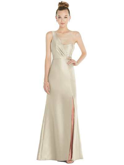 Alfred Sung Draped One-Shoulder Satin Trumpet Gown With Front Slit - D827 product