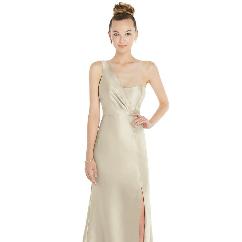 Shop Alfred Sung Draped One-shoulder Satin Trumpet Gown With Front Slit In Brown