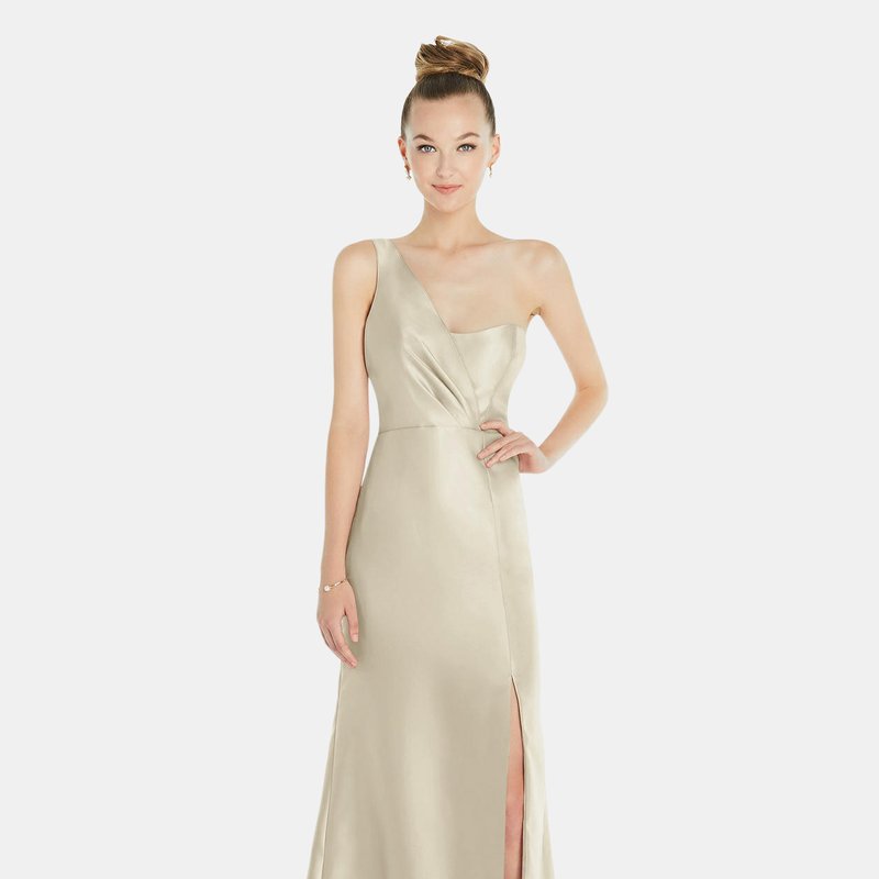 Alfred Sung Draped One-shoulder Satin Trumpet Gown With Front Slit In Champagne