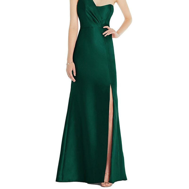 Shop Alfred Sung Draped One-shoulder Satin Trumpet Gown With Front Slit In Green