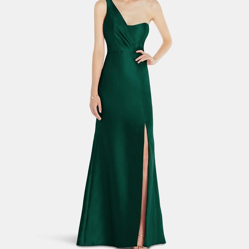 Alfred Sung Draped One-shoulder Satin Trumpet Gown With Front Slit In Hunter Green
