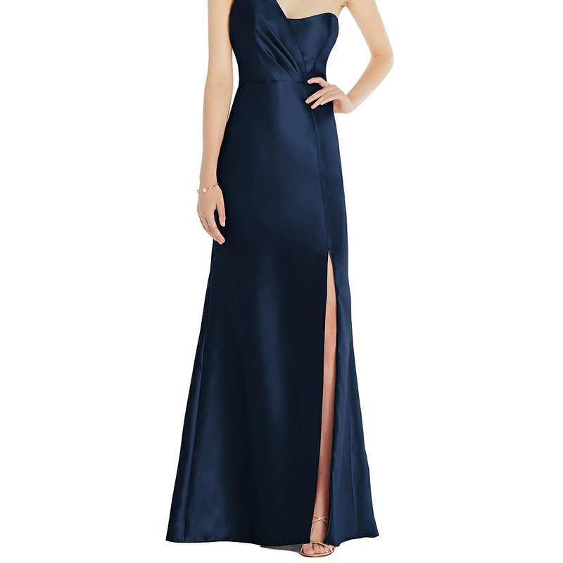 Shop Alfred Sung Draped One-shoulder Satin Trumpet Gown With Front Slit In Blue