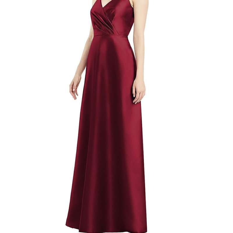 Alfred Sung Draped Wrap Satin Maxi Dress With Pockets In Red