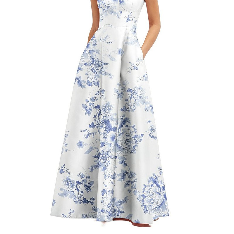 Shop Alfred Sung Floral Lace-up Back Bustier Satin Dress With Full Skirt And Pockets In White