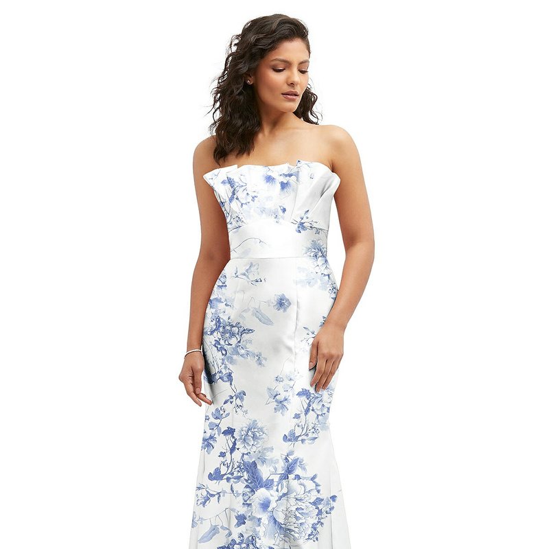 Shop Alfred Sung Floral Strapless Satin Fit And Flare Dress With Crumb-catcher Bodice In White