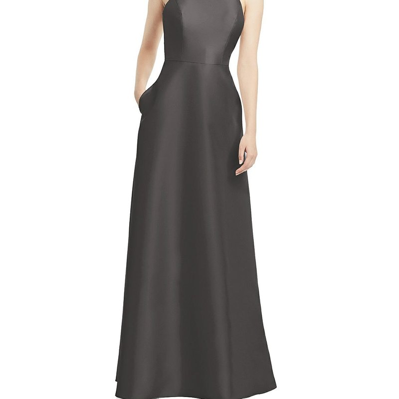ALFRED SUNG ALFRED SUNG HIGH-NECK CUTOUT SATIN DRESS WITH POCKETS