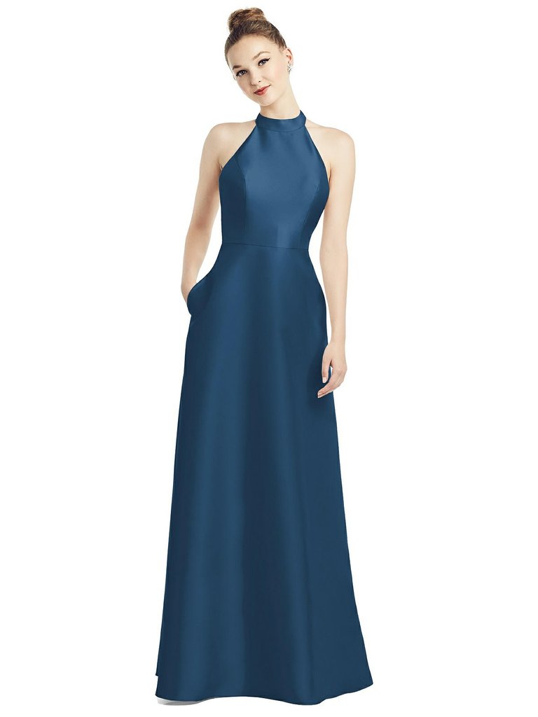 High-Neck Cutout Satin Dress with Pockets - D772 - Dusk Blue