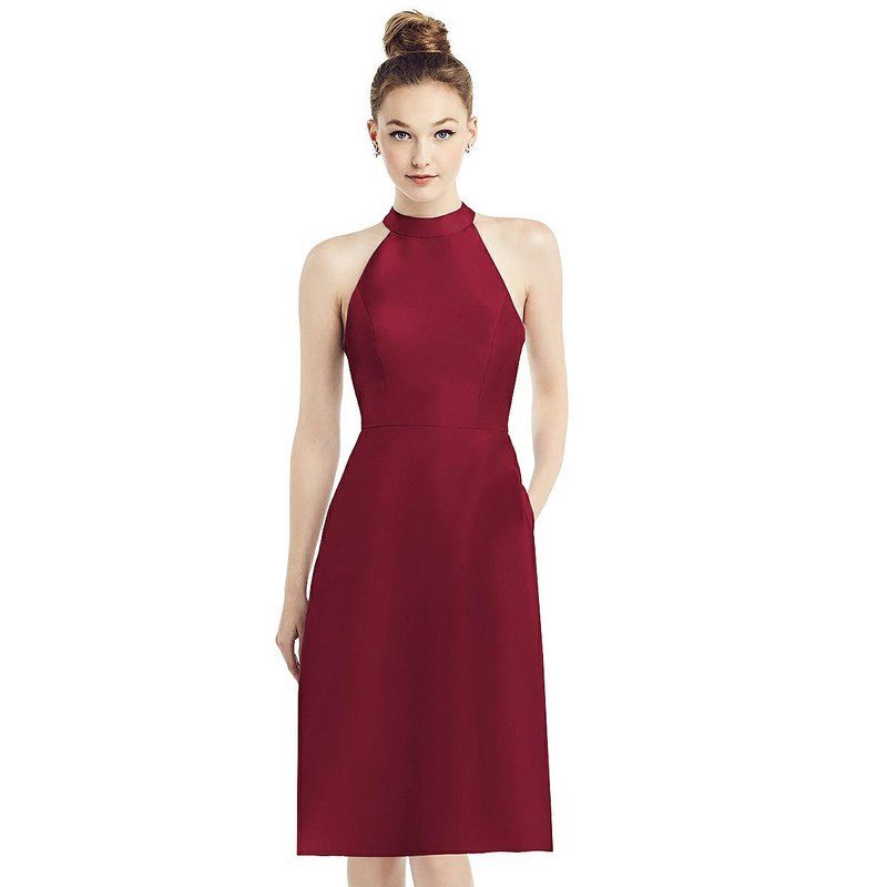 Alfred Sung High-neck Open-back Satin Cocktail Dress In Red