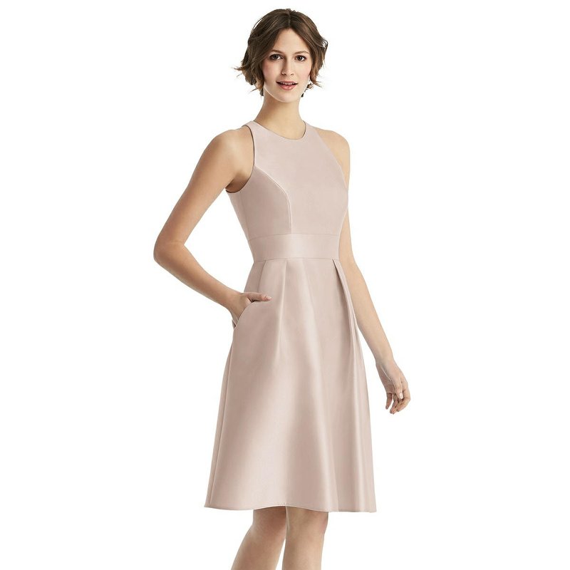 Alfred Sung High-neck Satin Cocktail Dress With Pockets In Cameo