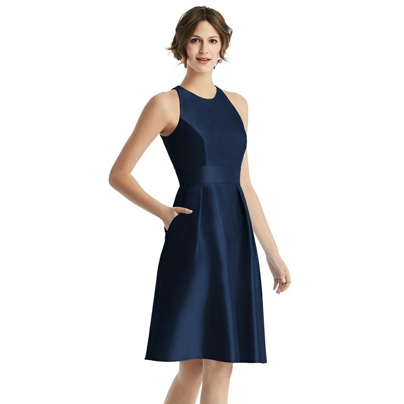 ALFRED SUNG ALFRED SUNG HIGH-NECK SATIN COCKTAIL DRESS WITH POCKETS