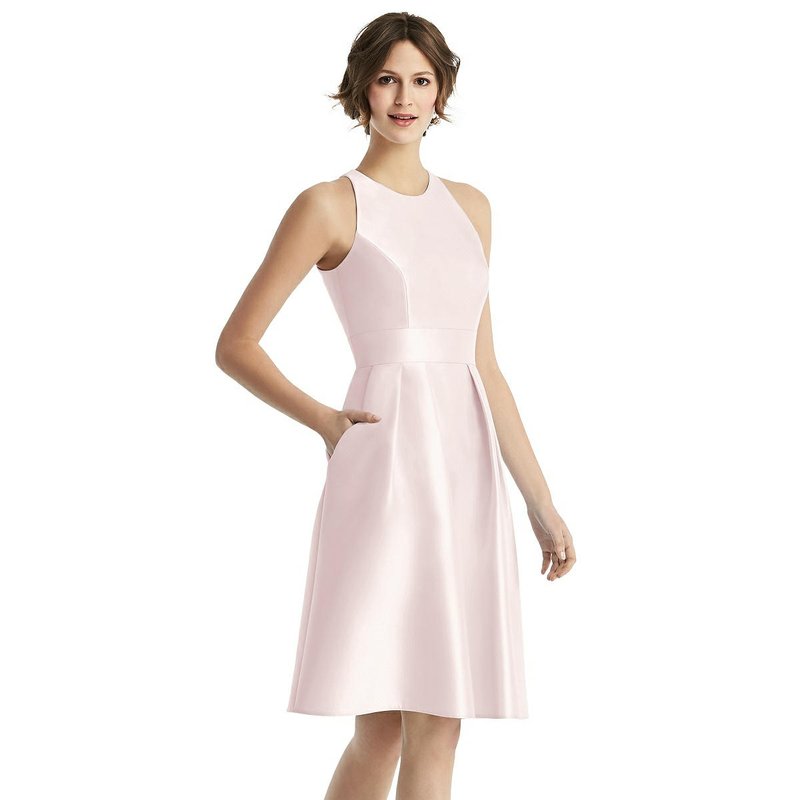 Alfred Sung High-neck Satin Cocktail Dress With Pockets In Blush