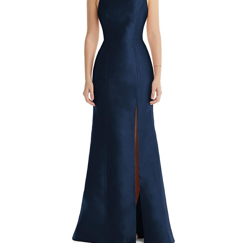 Shop Alfred Sung Jewel Neck Bowed Open-back Trumpet Dress With Front Slit In Blue
