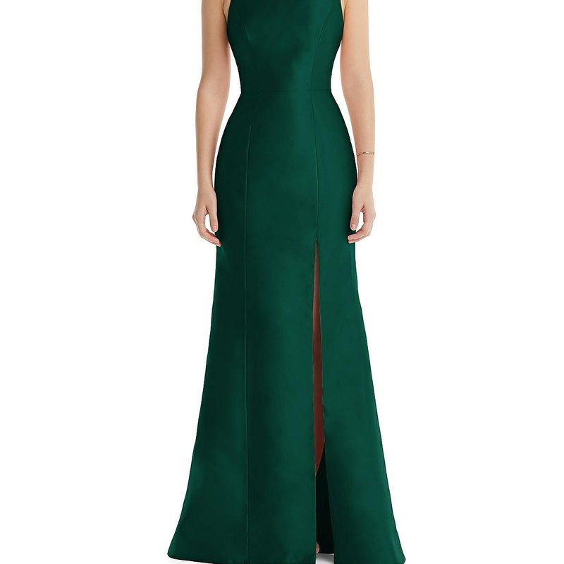 Shop Alfred Sung Jewel Neck Bowed Open-back Trumpet Dress With Front Slit In Green