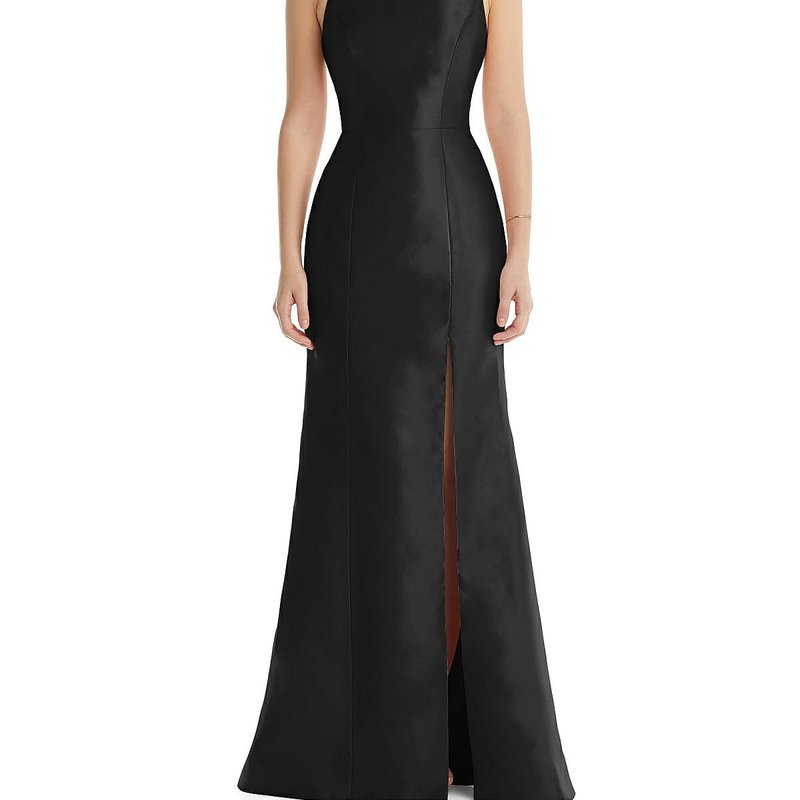 Shop Alfred Sung Jewel Neck Bowed Open-back Trumpet Dress With Front Slit In Black