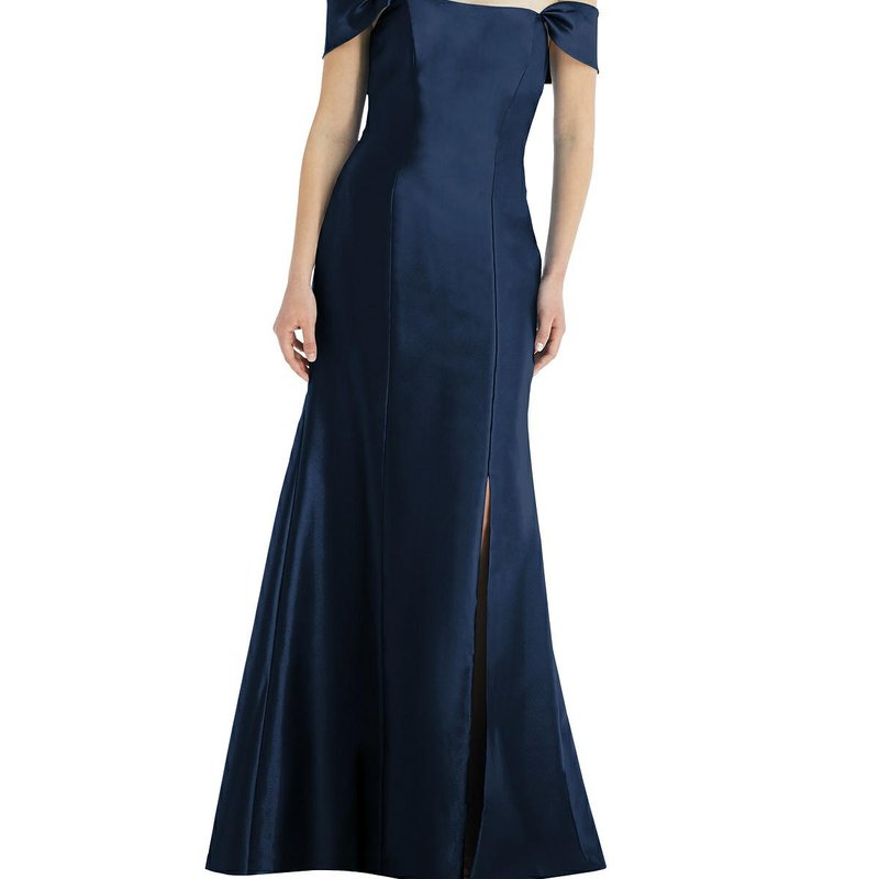 Alfred Sung Off-the-shoulder Bow-back Satin Trumpet Gown In Midnight Navy