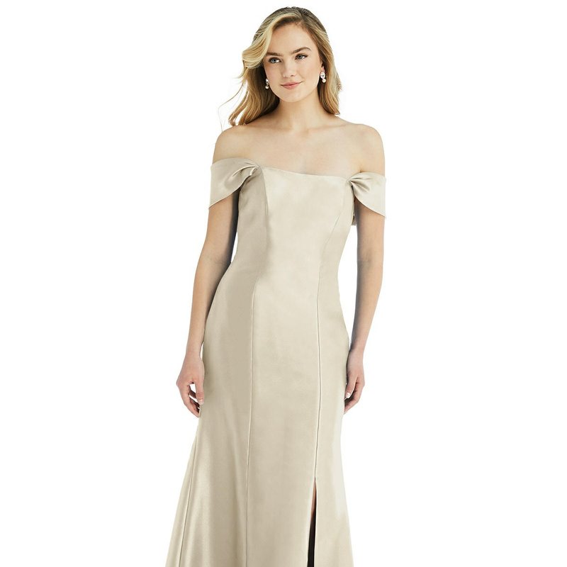 Alfred Sung Off-the-shoulder Bow-back Satin Trumpet Gown In Champagne