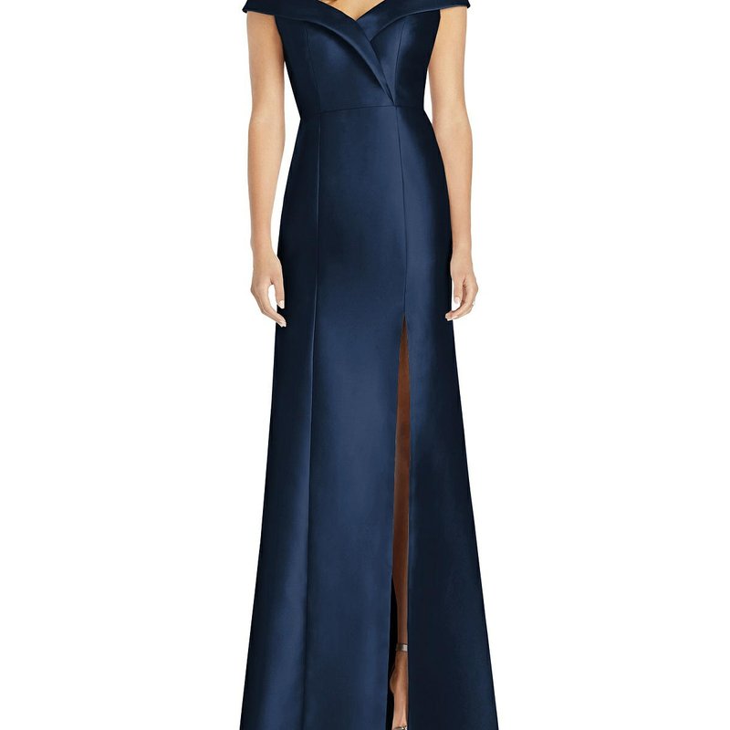Alfred Sung Off-the-shoulder Cuff Trumpet Gown With Front Slit In Midnight Navy
