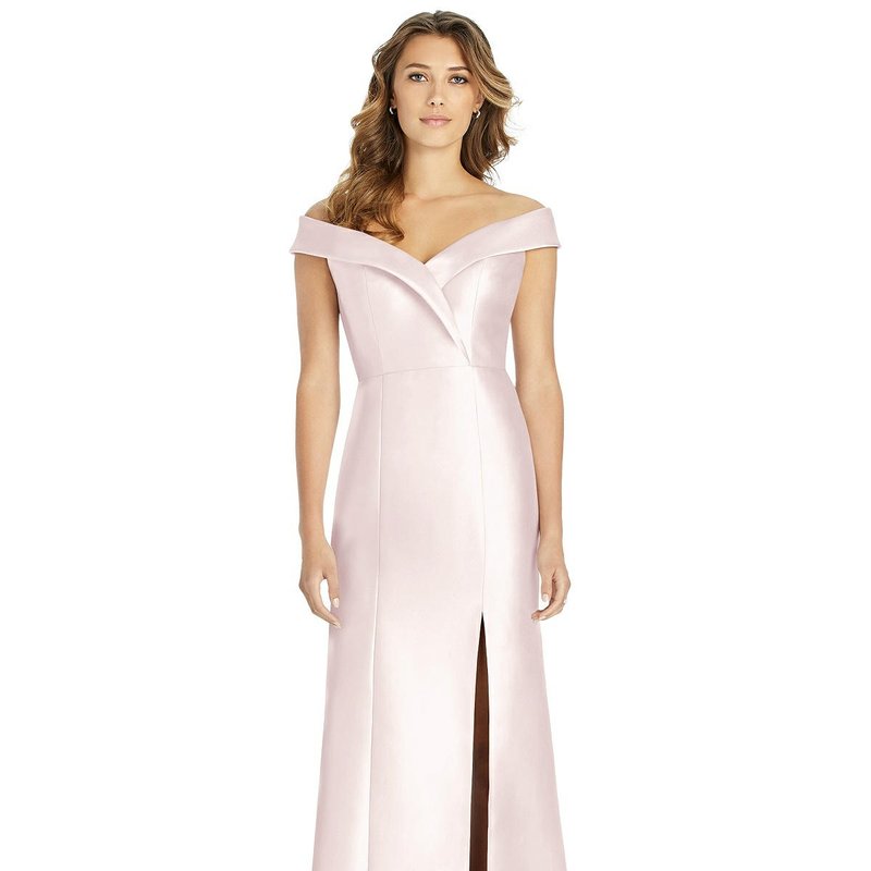 Alfred Sung Off-the-shoulder Cuff Trumpet Gown With Front Slit In Blush