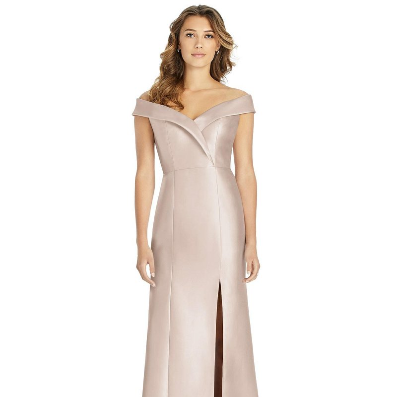Alfred Sung Off-the-shoulder Cuff Trumpet Gown With Front Slit In Cameo