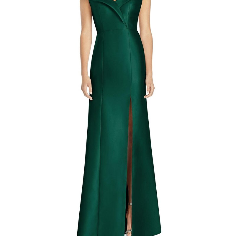 Alfred Sung Off-the-shoulder Cuff Trumpet Gown With Front Slit In Hunter Green