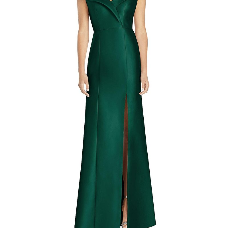 Shop Alfred Sung Off-the-shoulder Cuff Trumpet Gown With Front Slit In Green