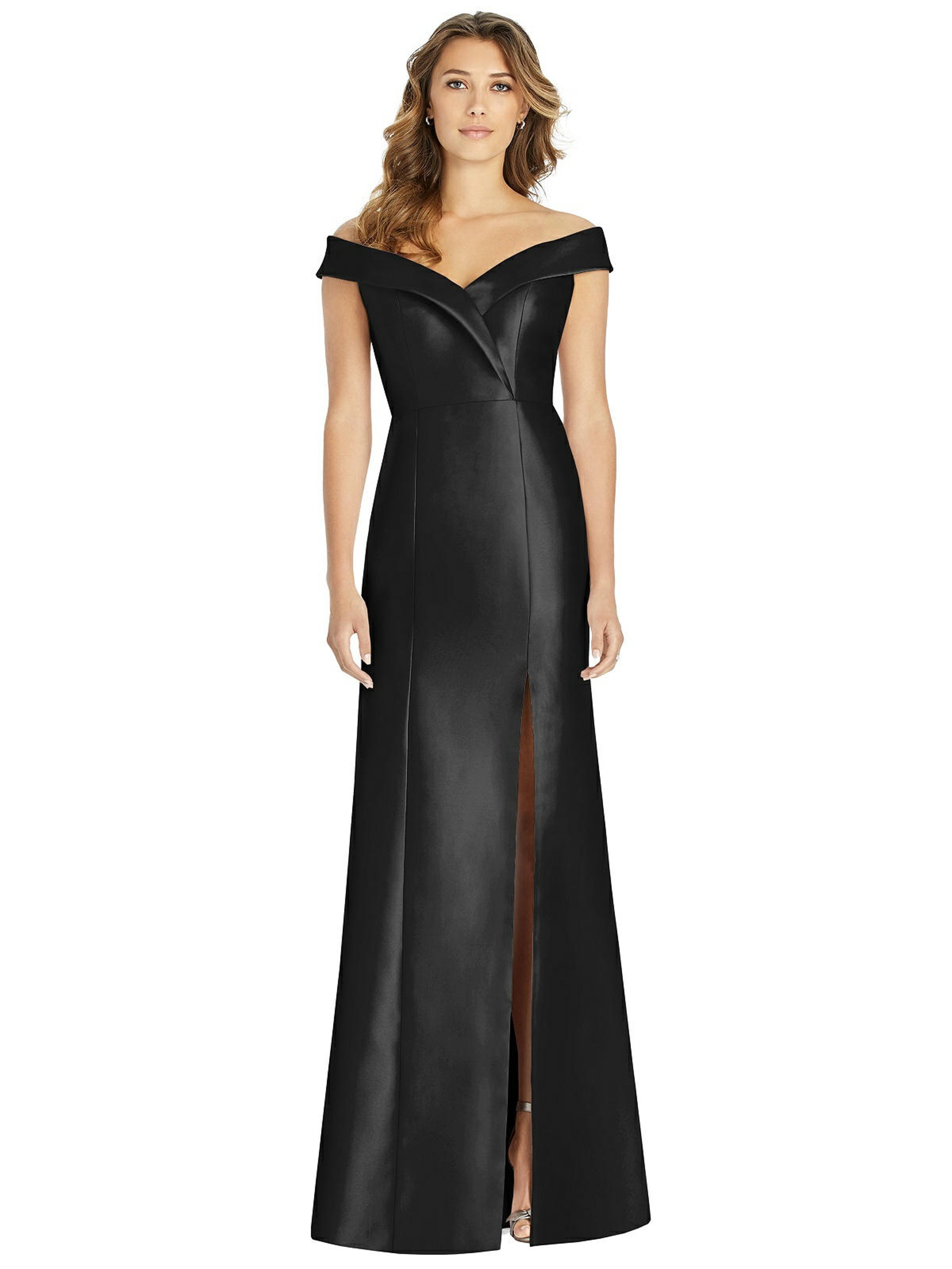 ALFRED SUNG ALFRED SUNG OFF-THE-SHOULDER CUFF TRUMPET GOWN WITH FRONT SLIT