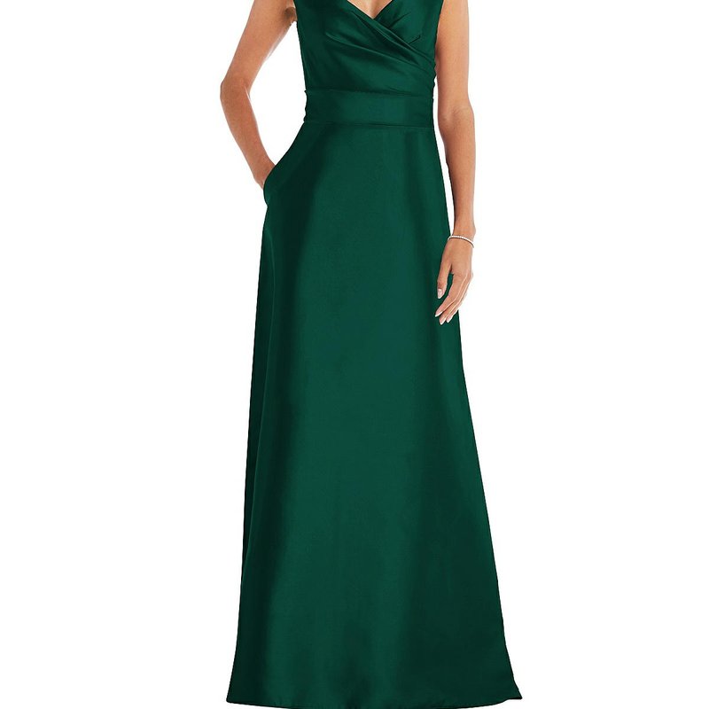 Alfred Sung Off-the-shoulder Draped Wrap Satin Maxi Dress In Green
