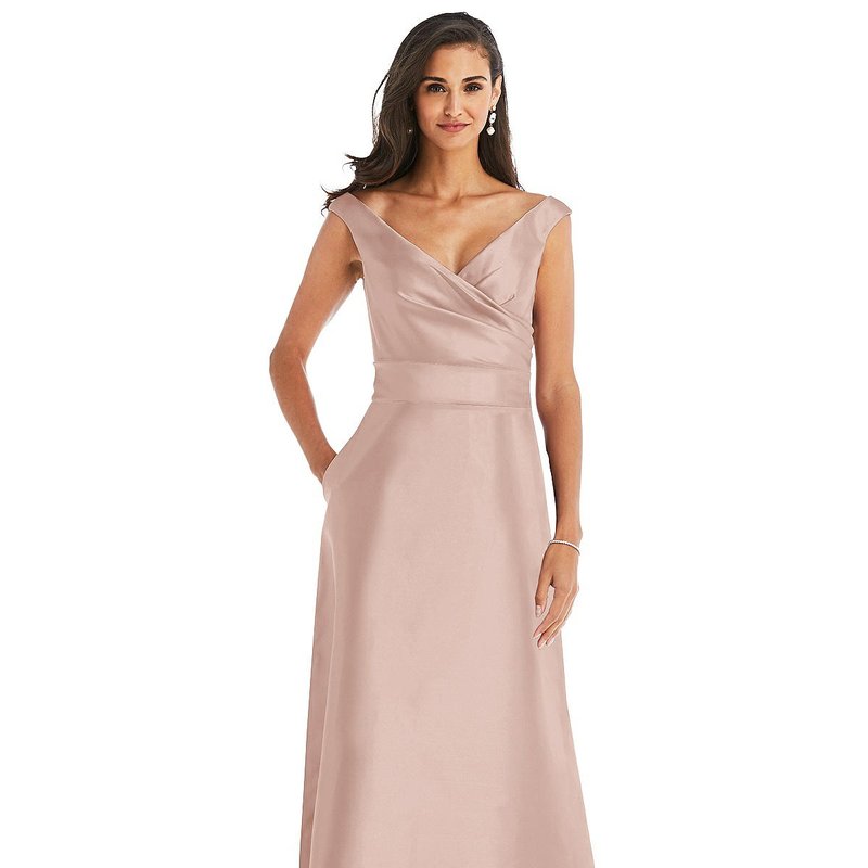 Shop Alfred Sung Off-the-shoulder Draped Wrap Satin Maxi Dress In Pink