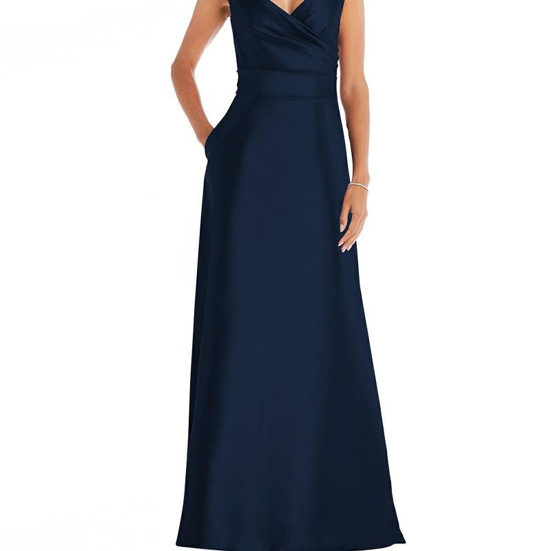 Alfred Sung Off The Shoulder Draped Wrap Satin Maxi Dress In Midnight Navy