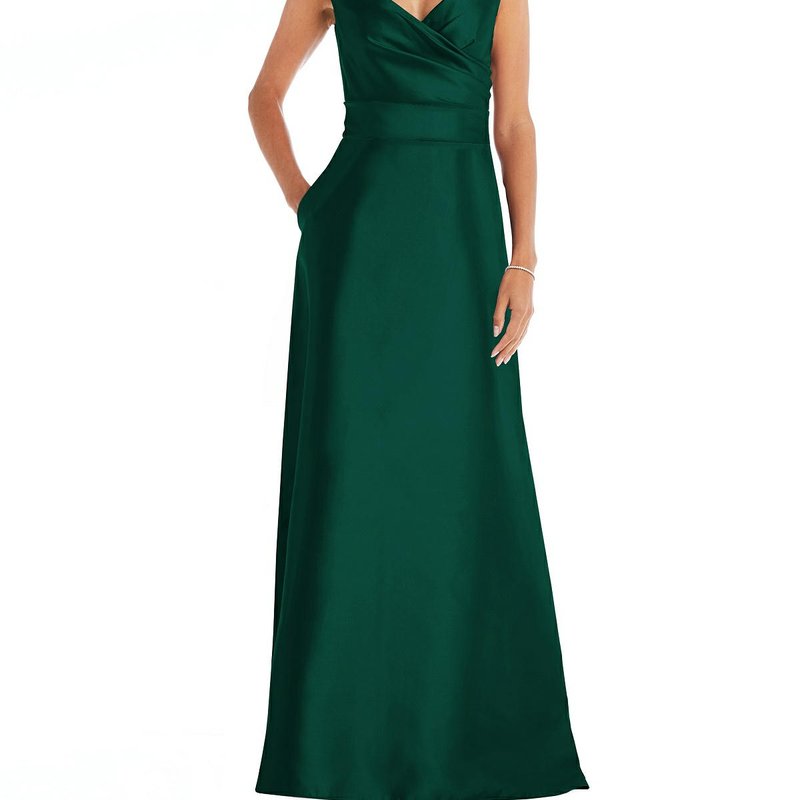 Alfred Sung Off The Shoulder Draped Wrap Satin Maxi Dress In Hunter Green