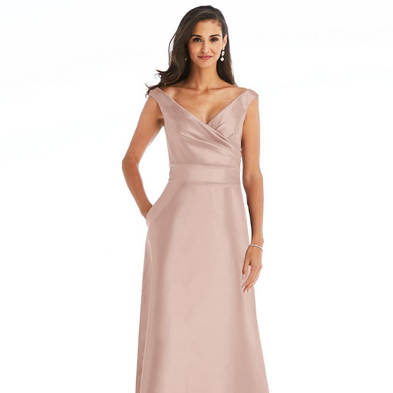 Alfred Sung Off The Shoulder Draped Wrap Satin Maxi Dress In Toasted Sugar