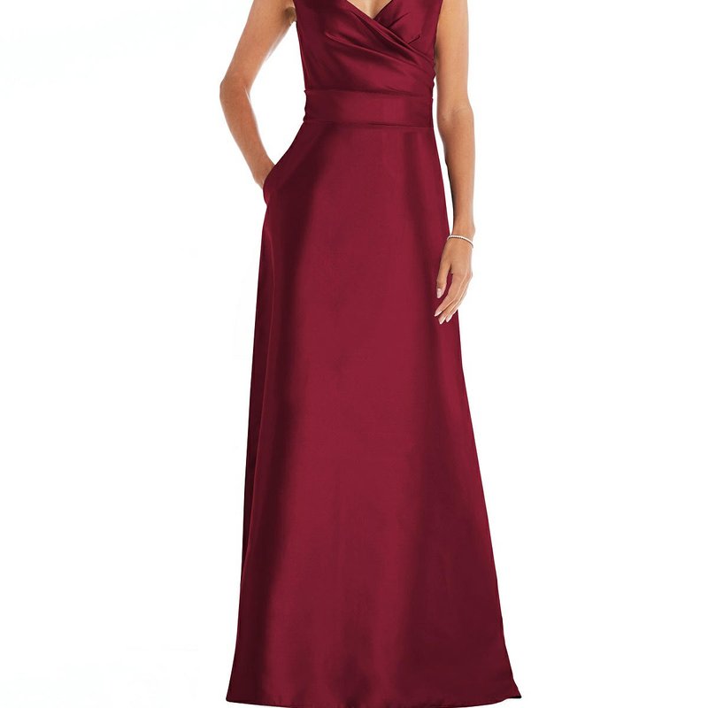Alfred Sung Off The Shoulder Draped Wrap Satin Maxi Dress In Burgundy